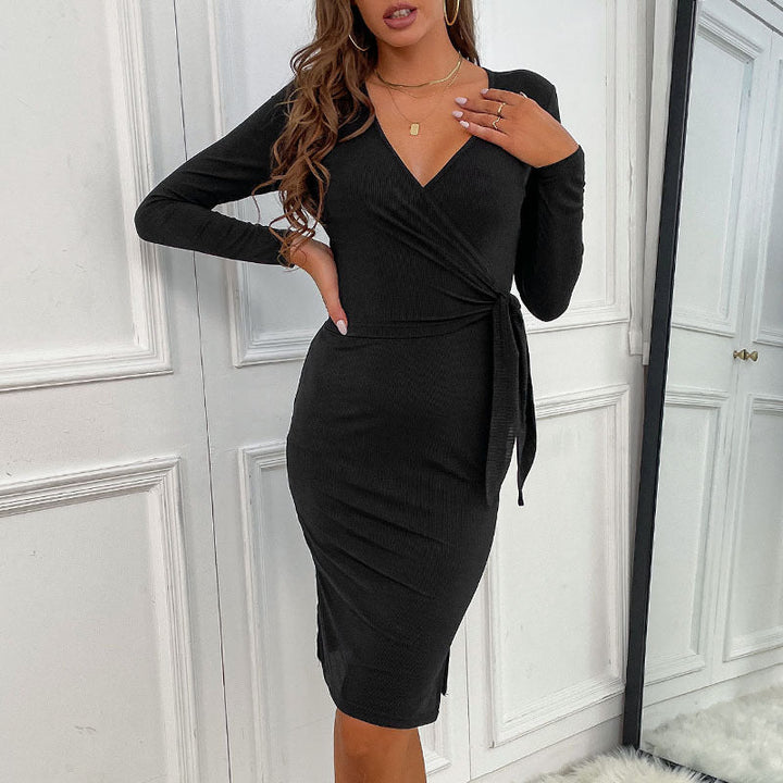 Women's Figure-Hugging Wrap Dress with Waist Sash Mune Fashion