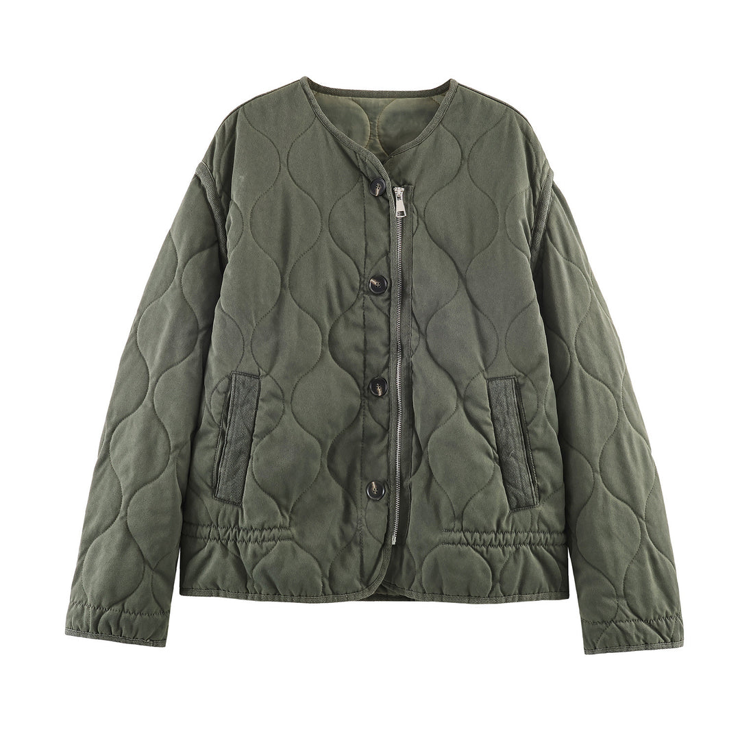 Women's short quilted jacket with round neck, two-way zipper and button placket Mune Fashion