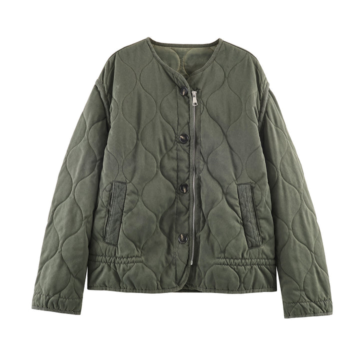 Women's short quilted jacket with round neck, two-way zipper and button placket Mune Fashion