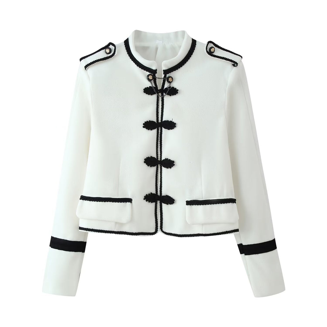 Women Short Blazer with Stand-up Collar, Decorative Knot and Epaulettes Mune Fashion