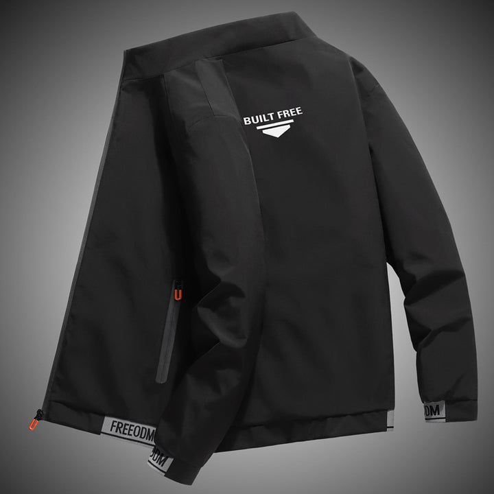 Men's lightweight windproof leisure jacket with logo print, zip pockets, and elastic hem Mune Fashion
