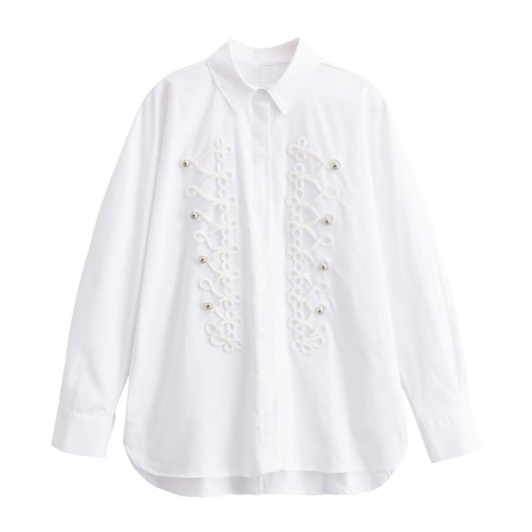 Women Oversized Blouse with Decorative Frog Closures and Shirt Collar Mune Fashion