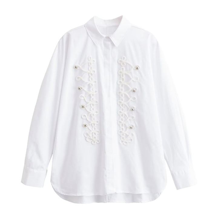 Women Oversized Blouse with Decorative Frog Closures and Shirt Collar Mune Fashion