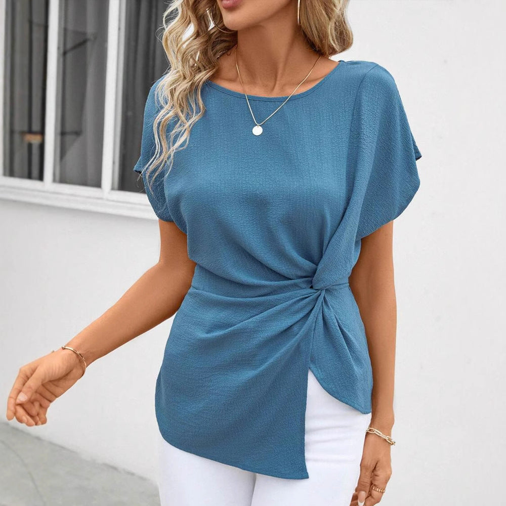 Women's fitted short sleeve draped shirt with side knot sling and textured crepe look Mune Fashion