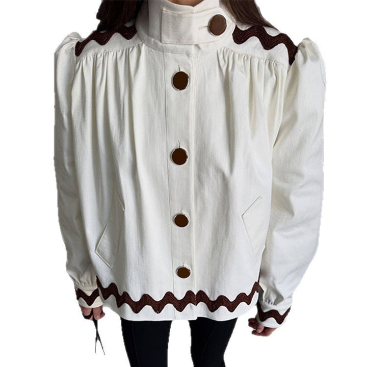 Ladies short jacket with stand-up collar, decorative wave edge and decorative button placket Mune Fashion