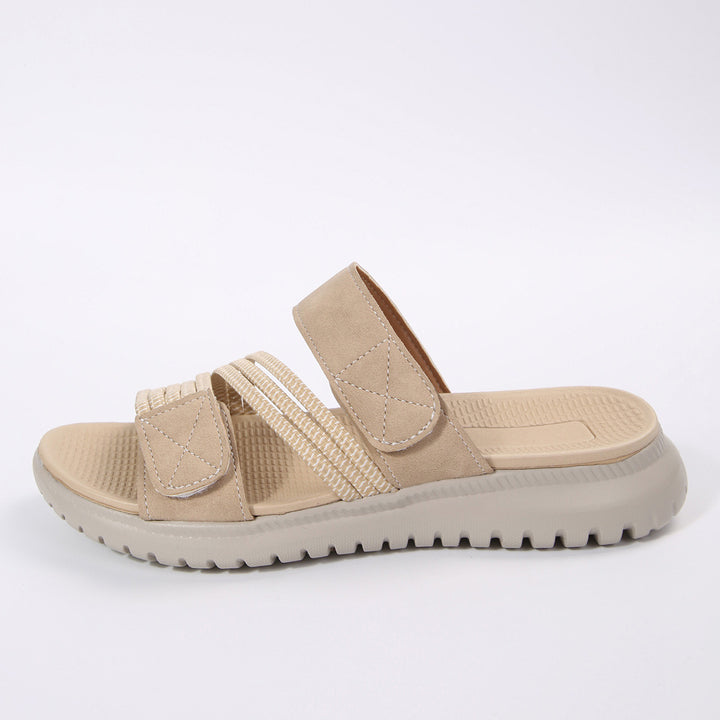 Damen Komfort-Pantolette mit verstellbaren Klettriemen, elastischen Zierbändern und stoßdämpfender Profilsohle Mune Fashion