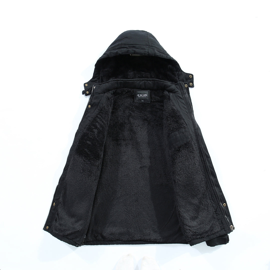Men's Thermal Long Parka in Field Style with Warming Plush Inner Side and Concealed Front Mune Fashion