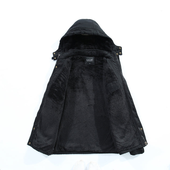 Men's Thermal Long Parka in Field Style with Warming Plush Inner Side and Concealed Front Mune Fashion