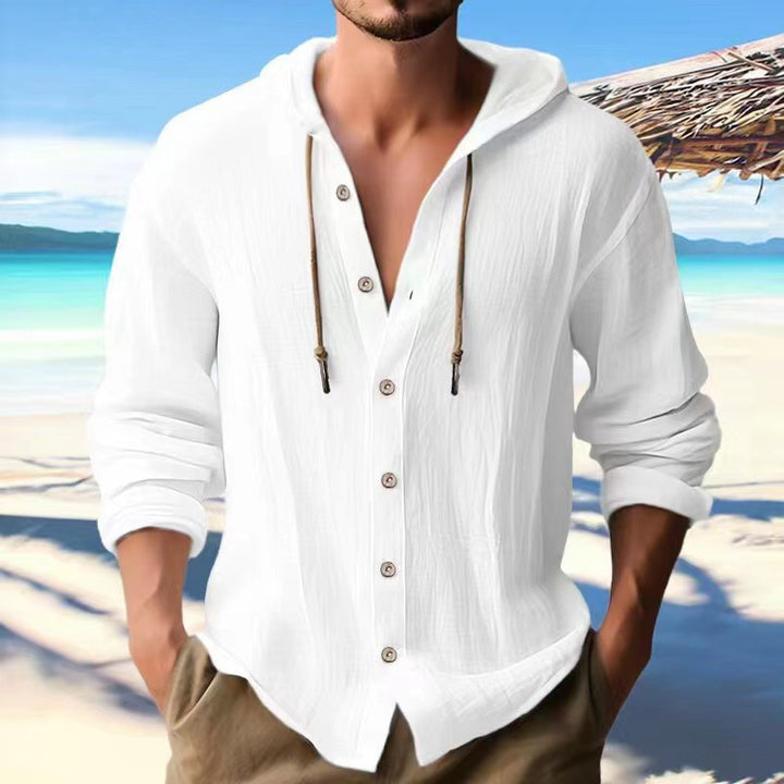 Men's lightweight hoodie shirt in linen look with full button placket Mune Fashion
