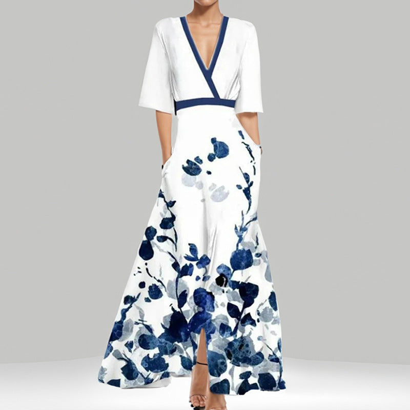 Women's maxi dress with wrap top, waist belt, and flowing satin skirt Mune Fashion