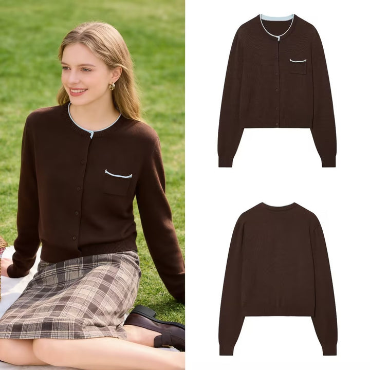 Women’s short-cut cardigan with contrast trim and patch pocket Mune Fashion