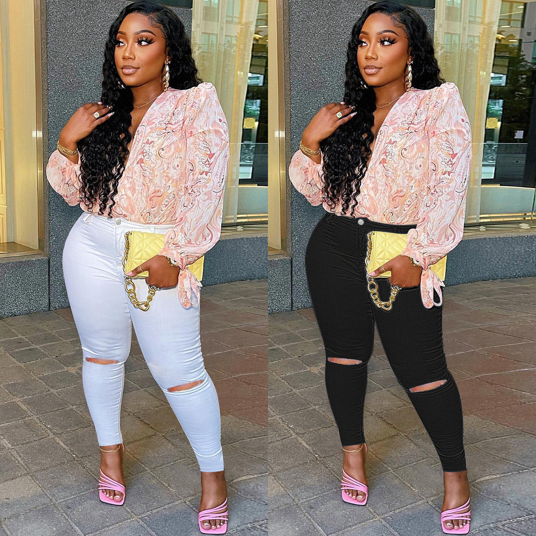 Ladies High-Waist Superstretch Skinny Jeans with Knee Slits and Figure-Shaping Cut Mune Fashion