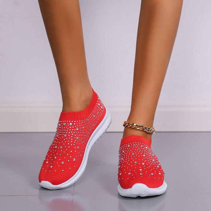 Women’s knitted slip-on sneakers with rhinestone accents, elastic shaft, and shock-absorbing EVA sole Mune Fashion