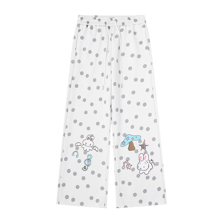Women Wide Lounge Pants with Comfort Waistband, Polka Dot Allover and Playful Cartoon Print Mune Fashion