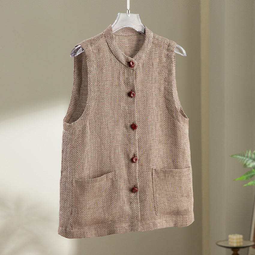 Women's sleeveless knit vest with stand-up collar, button placket, and patch pockets Mune Fashion