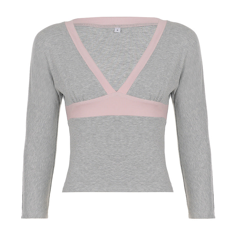 Women Figure-Hugging Long Sleeve Cami with Deep V-Neck and Elastic Underbust Band Mune Fashion