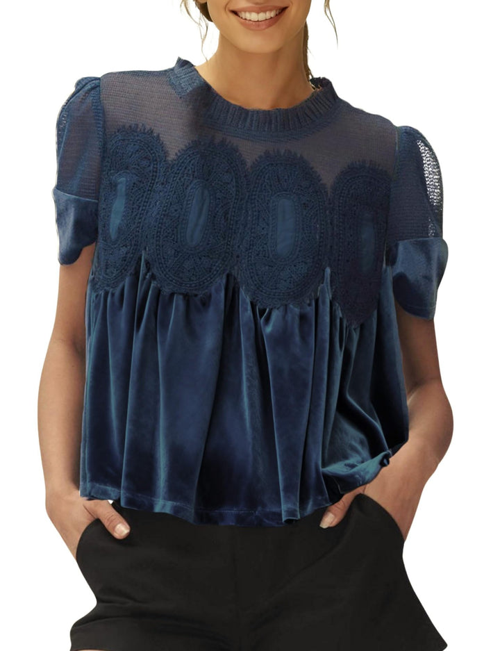 Women's velvet blouse with lace trim, transparent insert, and gathered A-line Mune Fashion