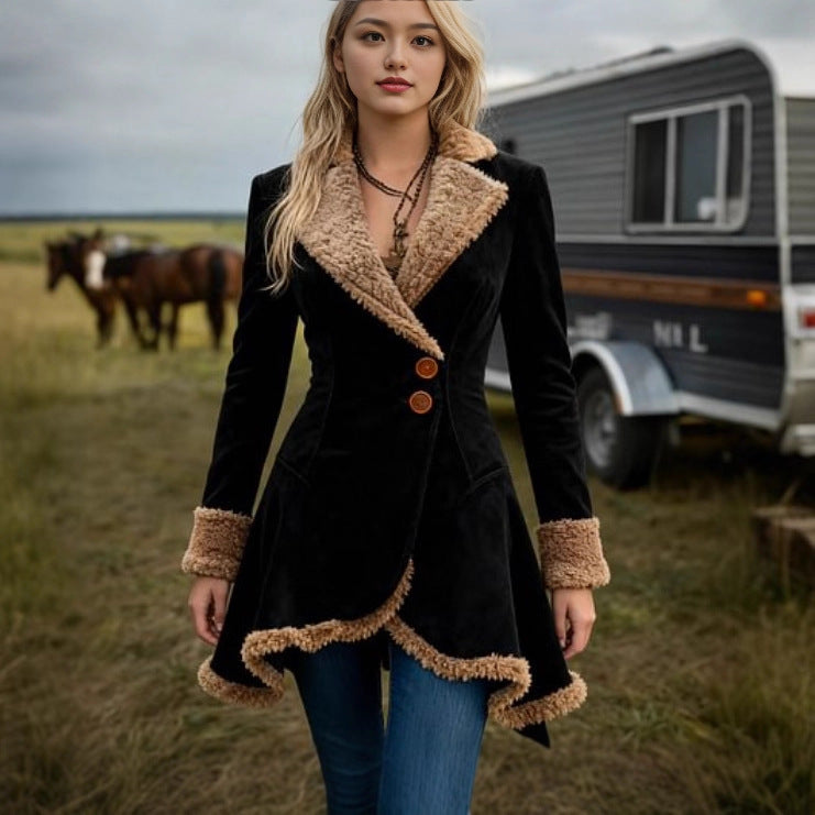 Women's Tailored Suede Imitation Coat with Teddy Lining and Flared Hem Mune Fashion
