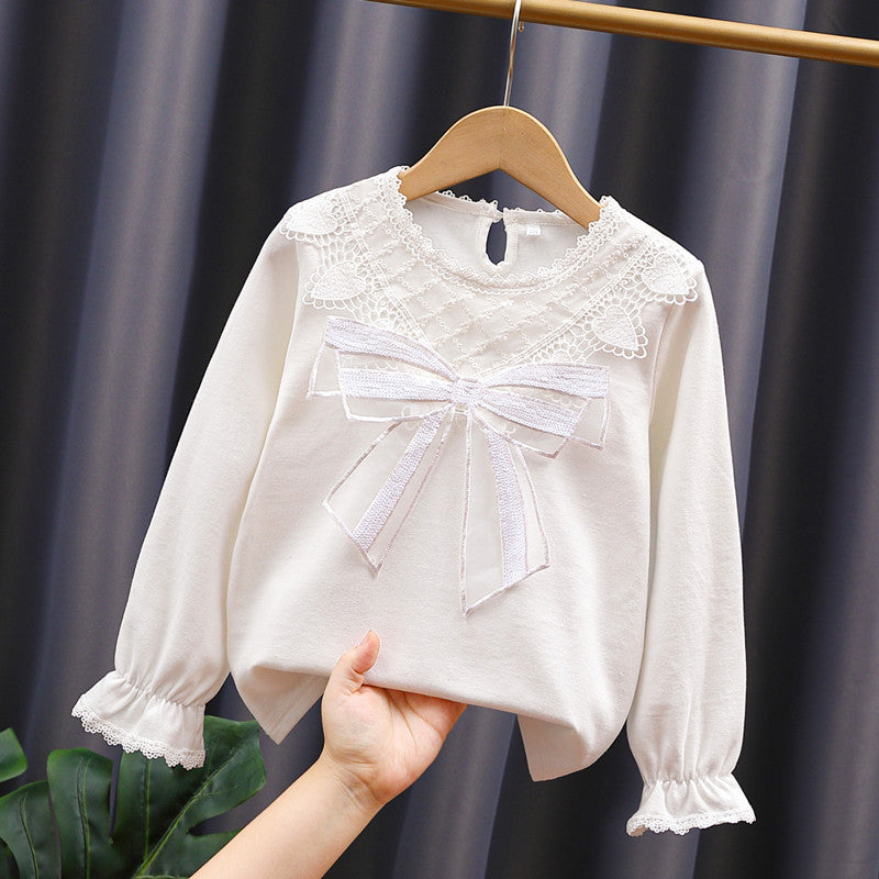 Girl Long Sleeve Blouse with Lace Trim and Bow Detail Mune Fashion