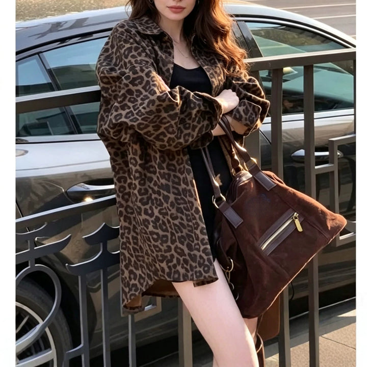 Women's Loose Bomber Jacket in Animal Print with Stand Collar and Elastic Cuffs Mune Fashion