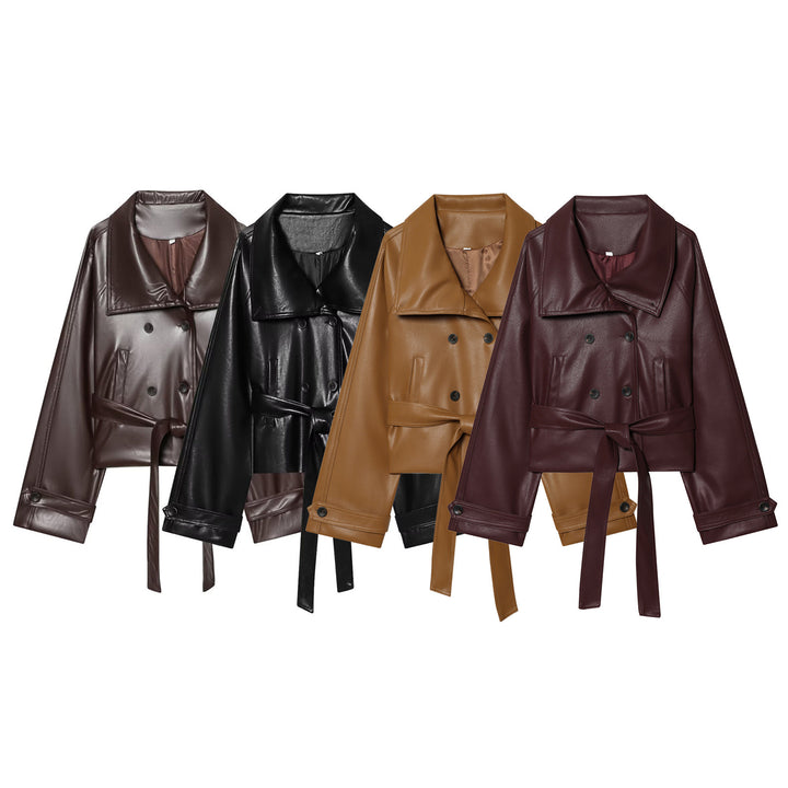 Women's Short Cut Faux Leather Trench Coat with Oversized Lapels, Double-Breasted Button Placket and Tied Belt Mune Fashion