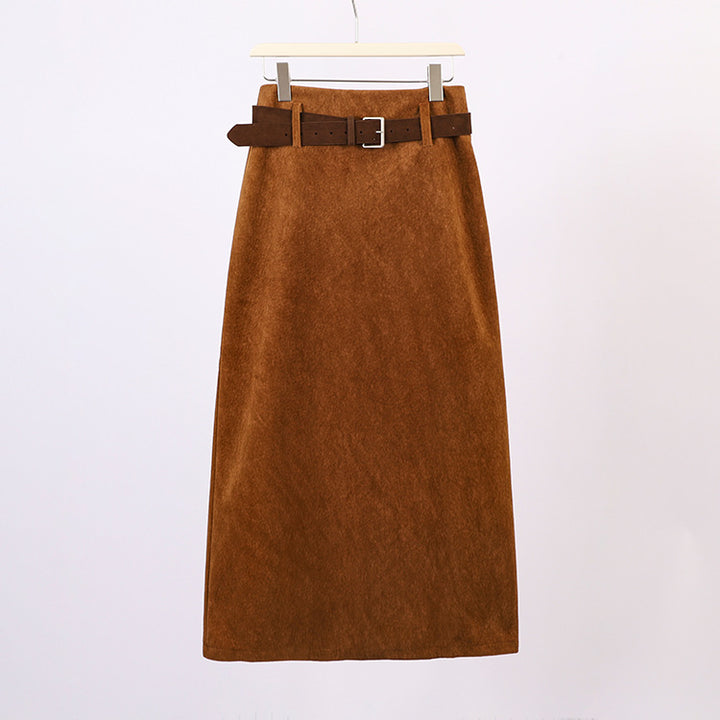 Women's A-line wool blend midi skirt with inset faux leather belt and high waistband Mune Fashion