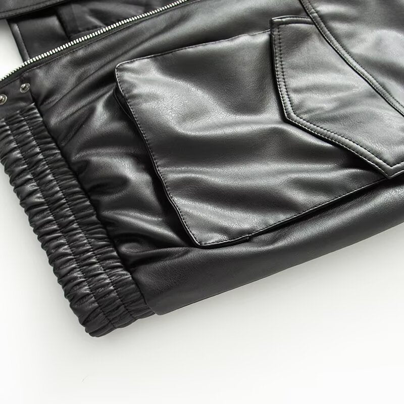 Women Short Faux Leather Bomber Jacket with Large Faux Fur Collar, Flap Pockets and Waist Hem Mune Fashion