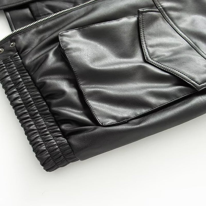 Women Short Faux Leather Bomber Jacket with Large Faux Fur Collar, Flap Pockets and Waist Hem Mune Fashion