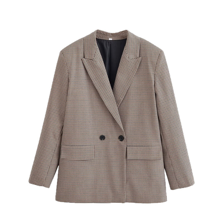 Women's Double-Breasted Oversized Blazer with Houndstooth Check and Flap Pockets Mune Fashion