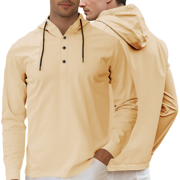 Men's Hooded Henley Long Sleeve Shirt made of lightweight stretch jersey with drawstring Mune Fashion