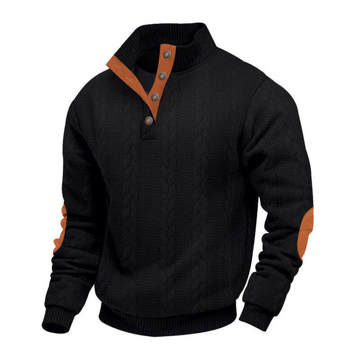 Men's chunky cable knit Troyer with button placket and suede elbow patches Mune Fashion