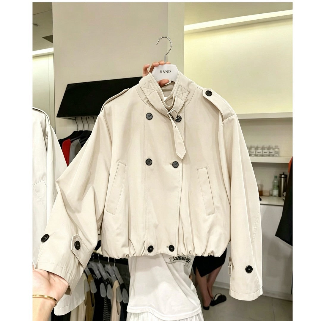 Women's Short Blouson Trench Coat with Stand-up Collar, Double-breasted Button Placket and Elastic Hem Mune Fashion