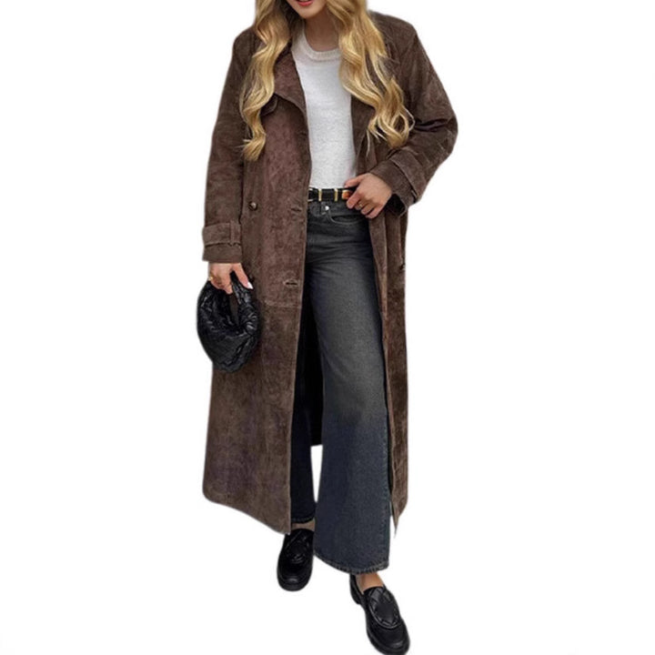 Women's Long Double-Breasted Trench Coat in Suede-Like with Waist Belt Mune Fashion