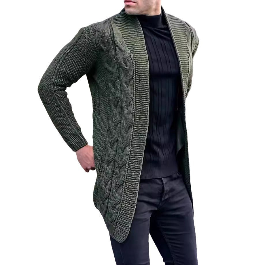 Men's Longline Knitted Cardigan with Shawl Collar, Cable and Pearl Patterns Mune Fashion
