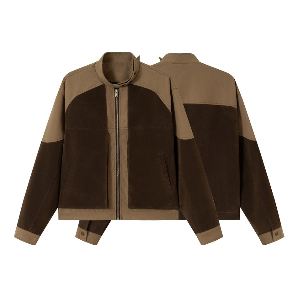 Men's short jacket in boxy-blouson style made of velour and canvas mix with high stand-up collar Mune Fashion