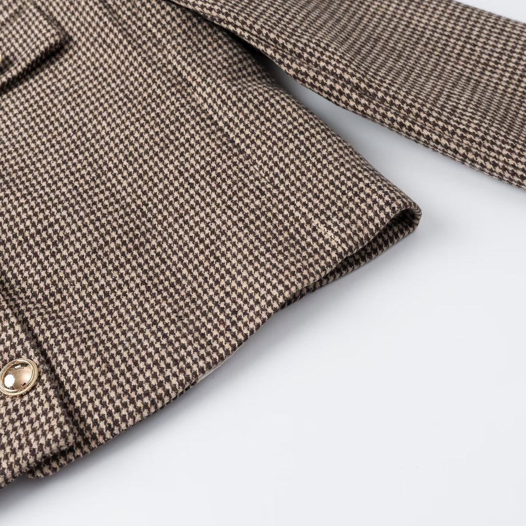 Women's Short Boucle Jacket in Houndstooth Look with Round Neck and Decorative Button Placket Mune Fashion