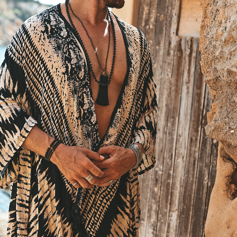 Men's Lightweight Ethno Beach Kaftan with V-Neck and Fringes Mune Fashion