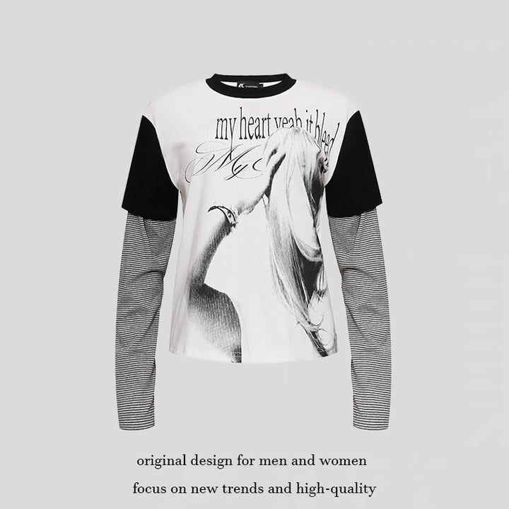 Women's Layered Long Sleeve Shirt with Photo Print, Contrasting Short Sleeves and Striped Inner Sleeves Mune Fashion