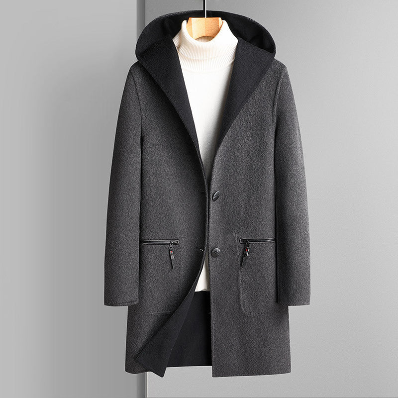 Men's knee-length wool blend coat with large hood and patch pockets Mune Fashion