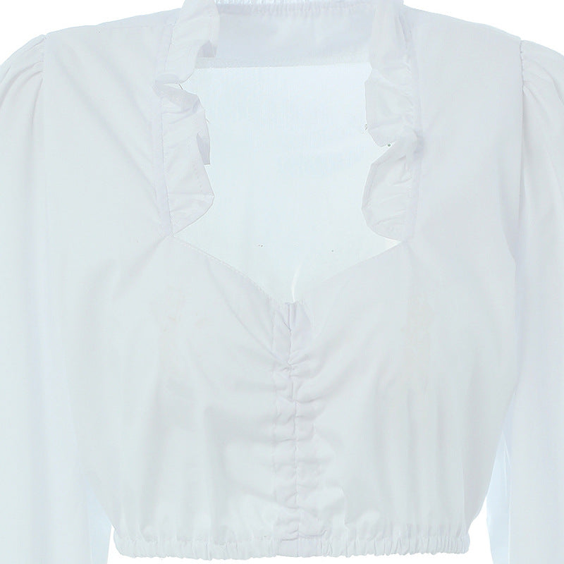 Women's Ruffled Crop Blouse with V-Neck, Gathered Front and Elastic Hem Mune Fashion