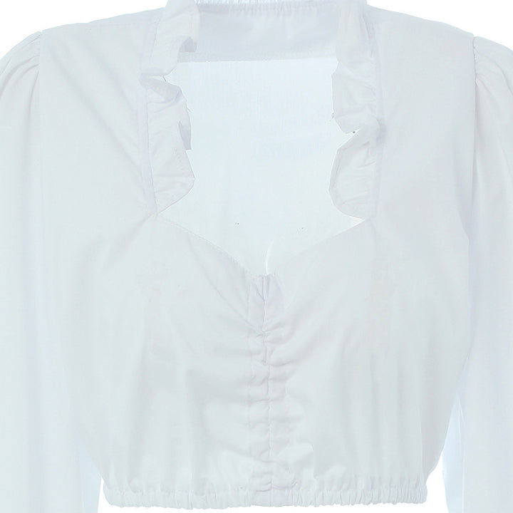 Women's Ruffled Crop Blouse with V-Neck, Gathered Front and Elastic Hem Mune Fashion