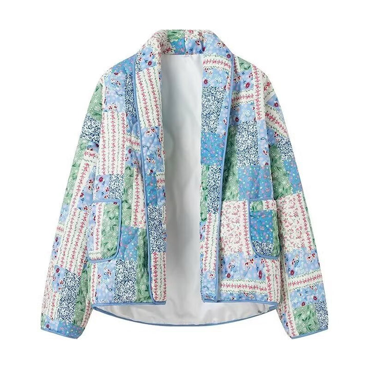 Women's quilted jacket in patchwork style with shawl collar and patch pockets Mune Fashion