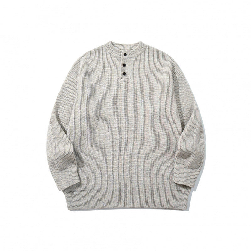 Unisex Oversize Chunky Knit Henley Sweater with Melange Structure and Ribbed Finishes Mune Fashion