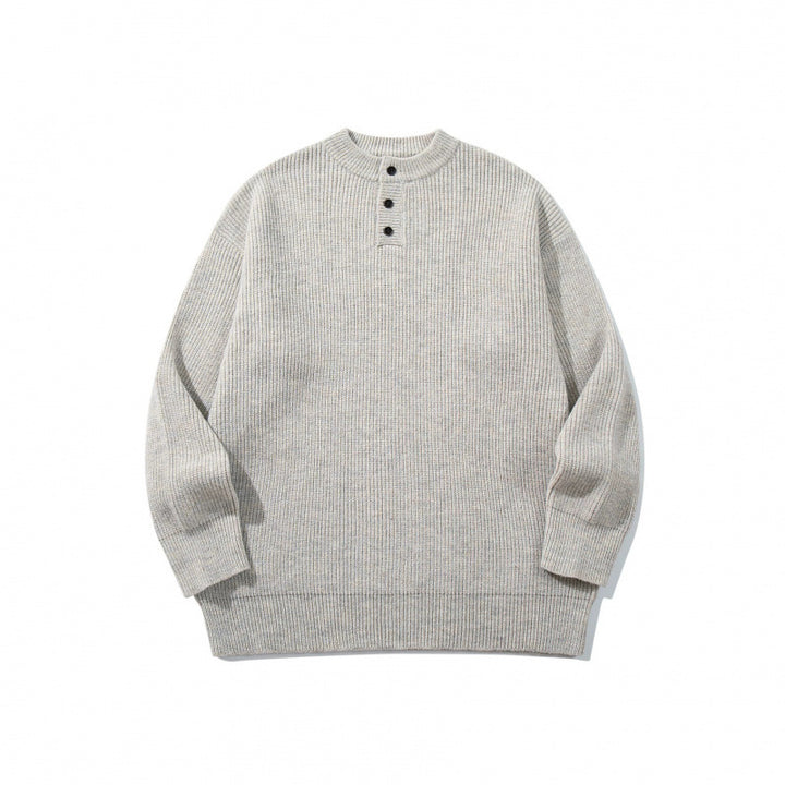 Unisex Oversize Chunky Knit Henley Sweater with Melange Structure and Ribbed Finishes Mune Fashion