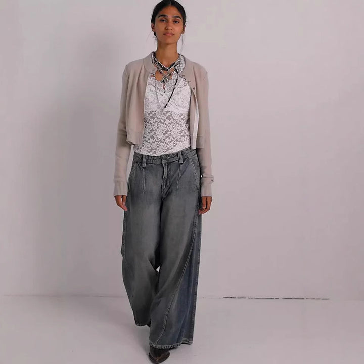 Ladies' extra wide high-waist palazzo jeans with a high waistband, drop crotch, and faded vintage look Mune Fashion