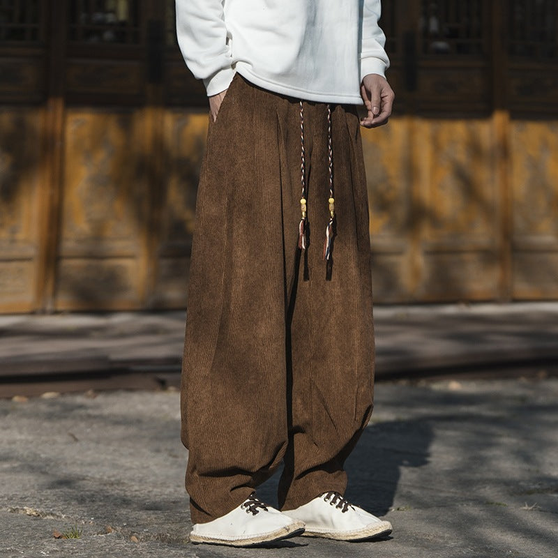 Men's Wide Cut Corduroy Trousers with Drawstring, Pleats and Relaxed Fit Mune Fashion