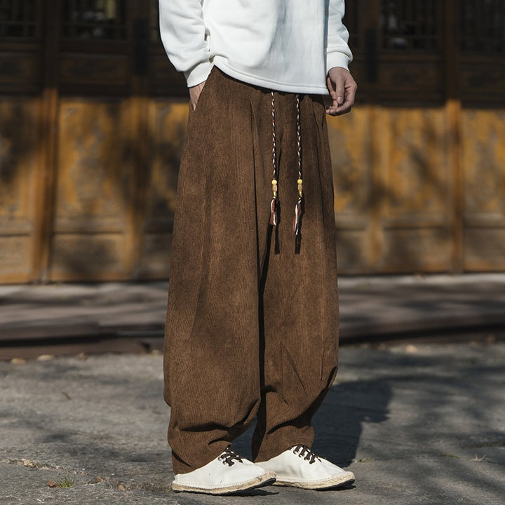 Men's Wide Cut Corduroy Trousers with Drawstring, Pleats and Relaxed Fit Mune Fashion