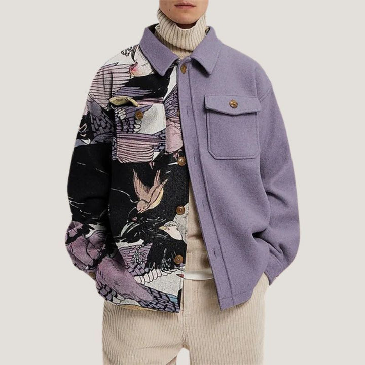 Women’s Oversized Wool-Look Shirt with Asymmetrical Bird Print and Flap Pocket Mune Fashion