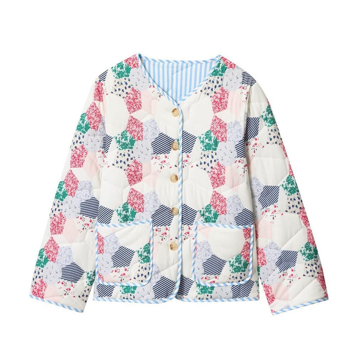 Women's Quilted Short Jacket in Patchwork Quilt Look with Button Placket and Patch Pockets Mune Fashion