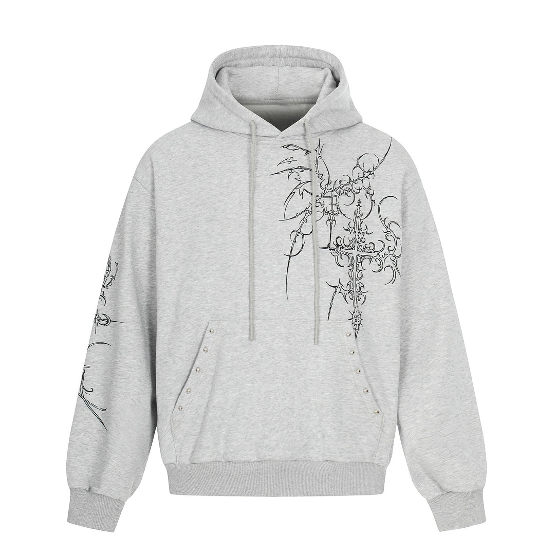 Men's Oversized Hoodie with Ornamental Cross Print and Studs Mune Fashion
